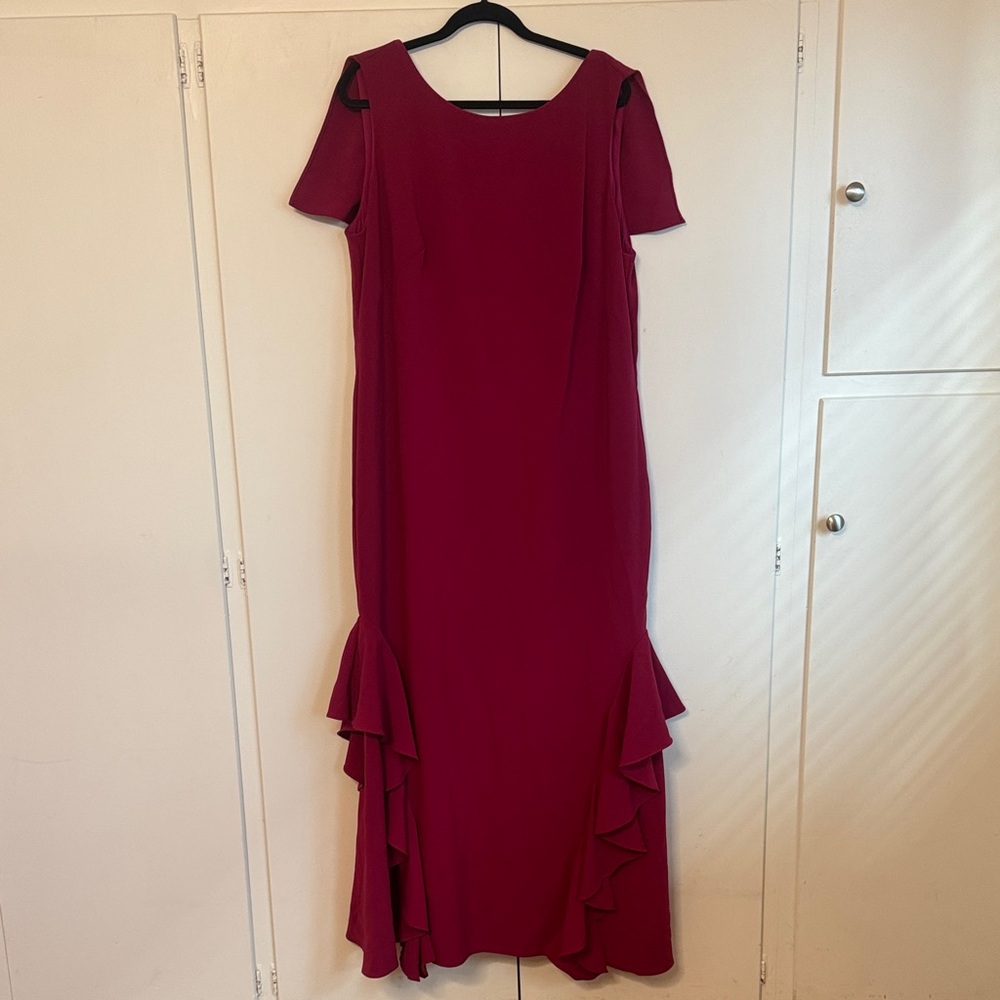 Theia Burgundy Maxi Dress with Ruffle Accents
